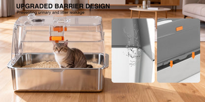 Bac à litière pour chat surdimensionné en acier inoxydable avec couvercle, toilette intérieure pliable anti-éclaboussures avec porte à rabat avant et contrôle supérieur des odeurs