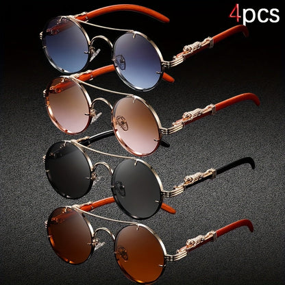 Lot de 4 paires de lunettes rondes punk rock avec charnières léopard et détails écailles de tortue – Monture en métal rétro avec verres en polycarbonate, lunettes tendance unisexe pour soirées, photos et usage quotidien