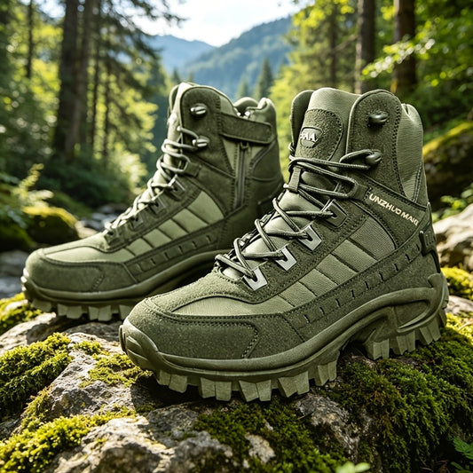 Men's Lightweight High-Top Tactical Hiking Boots – Slip-Resistant Durable Outdoor Boots for Jungle Hiking, Hunting & Adventure Travel, All-Season, Army Green Dark Brown Sand, US 6.5-12