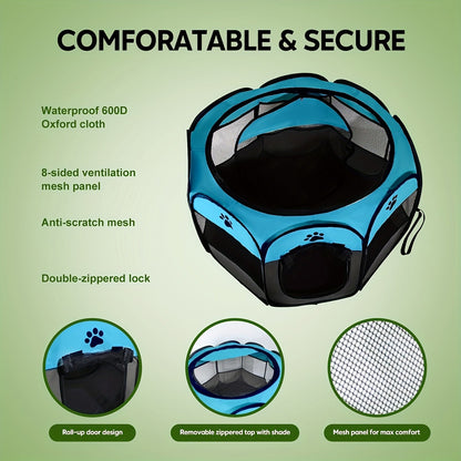 Enclos pliable octogonal pour animaux, niche toutes saisons et lit pour chat – Cage pour chiens et chats en tissu Oxford résistant aux rayures, parc portable pliable pour intérieur, extérieur, camping et voyage