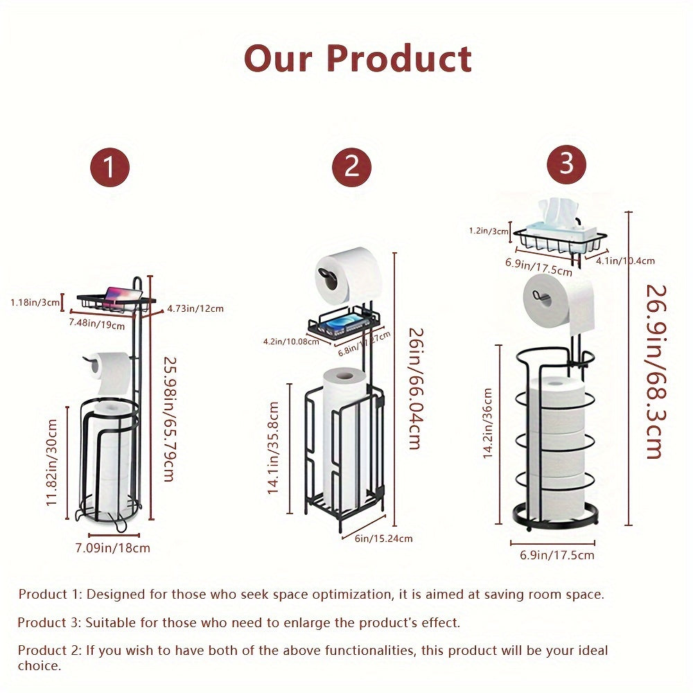 Porte-papier toilette sur pied – Support en métal avec rangement pour 3 rouleaux de réserve, distributeur moderne pour salle de bain, sans perçage, cadeau de pendaison de crémaillère et de Noël