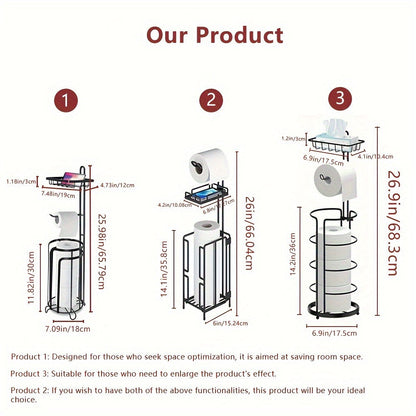 Porte-papier toilette sur pied – Support en métal avec rangement pour 3 rouleaux de réserve, distributeur moderne pour salle de bain, sans perçage, cadeau de pendaison de crémaillère et de Noël