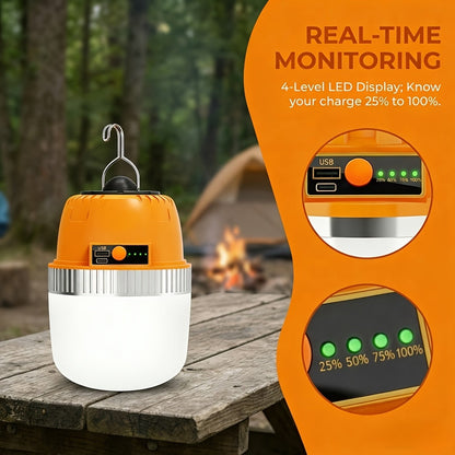 Lanterne de camping LED rechargeable par USB avec batterie externe intégrée, lampe de tente portable ultra-lumineuse pour camping, barbecue, terrasse, extérieur et urgences, recharge les téléphones portables, design autoportant et suspendu