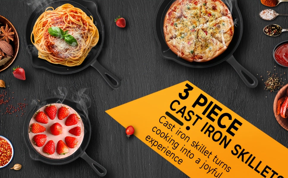 Ensemble de 3 poêles en fonte avec bec verseur – Batterie de cuisine robuste antiadhésive pré-culottée pour les repas de fêtes, le camping en VR, les repas au feu de camp, compatible four et plaque de cuisson, cadeau de cuisine