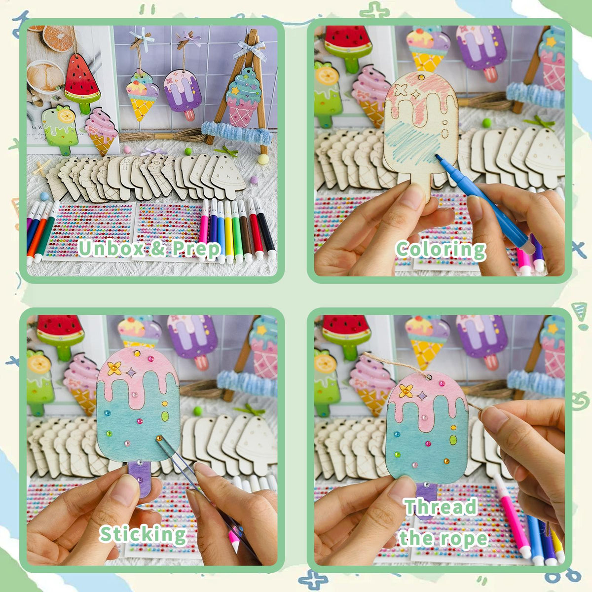 Kit de loisirs créatifs en bois « Glaces » pour enfants, 39 pièces : 24 formes en bois brut, 12 feutres, 2 planches de stickers joyaux, ficelle. Kit de peinture DIY pour fêtes d'anniversaire, activités scolaires, soirées pyjama. Dès 3 ans.