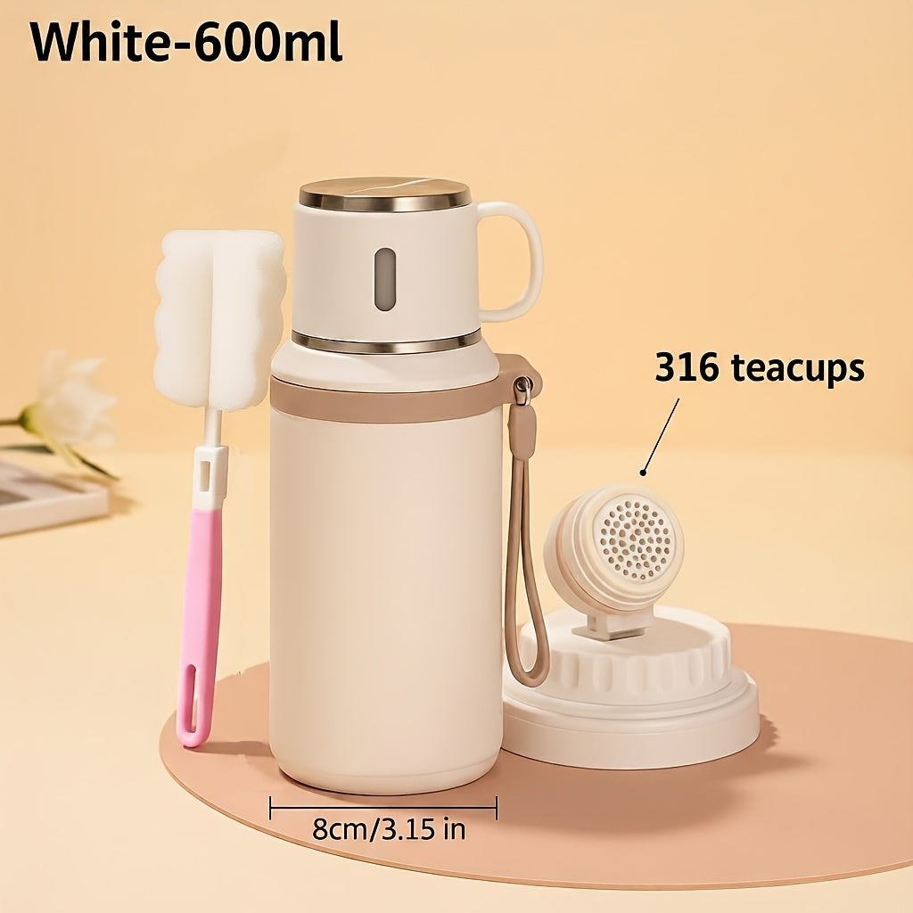 Gobelet isotherme en acier inoxydable de 600 ml, double paroi sous vide, couvercle étanche avec poignée, brosse de nettoyage incluse, pour boissons chaudes et froides, voyage, bureau, salle de sport, bouteille d'eau extérieure, 20 oz