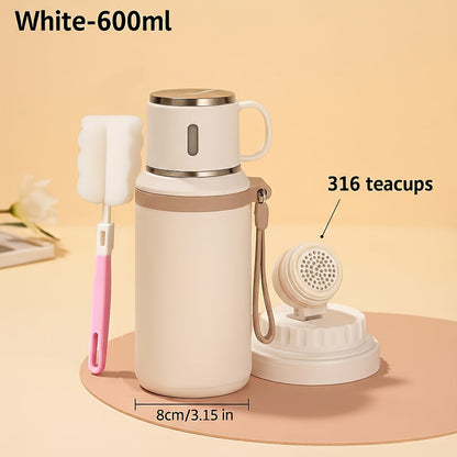 Gobelet isotherme en acier inoxydable de 600 ml, double paroi sous vide, couvercle étanche avec poignée, brosse de nettoyage incluse, pour boissons chaudes et froides, voyage, bureau, salle de sport, bouteille d'eau extérieure, 20 oz
