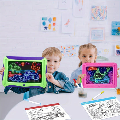 Tablette à dessin lumineuse LED pour enfants de 3 à 8 ans – Kit d’art phosphorescent avec 9 cartes recto-verso et 6 marqueurs, jouet éducatif de voyage, cadeau d'anniversaire et de Noël pour filles et garçons