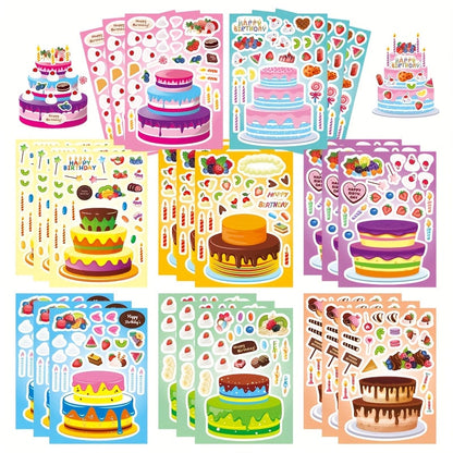 Birthday Cake Stickers for Kids 24 Sheets – DIY Make Your Own Cake Decoration Sticker Set with Fruit, Candy & Candles, Happy Birthday Party Favors, Classroom Teacher Reward Stickers, Fun Gift for Boys Girls