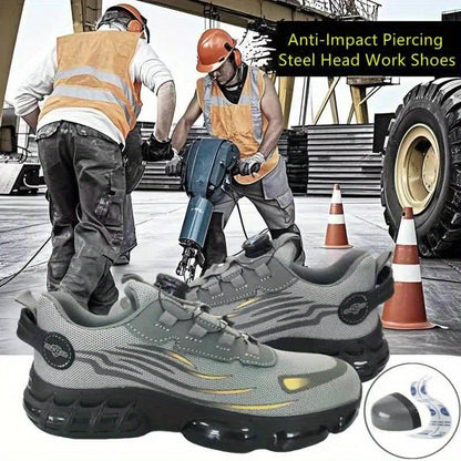 Chaussures de sécurité à embout d'acier pour hommes et femmes – Baskets de protection légères et respirantes avec semelle antidérapante, bout rond, coupe basse – Idéales pour la construction, l'entrepôt, l'extérieur et le camping (Noir/Gris, US 5–12,5)