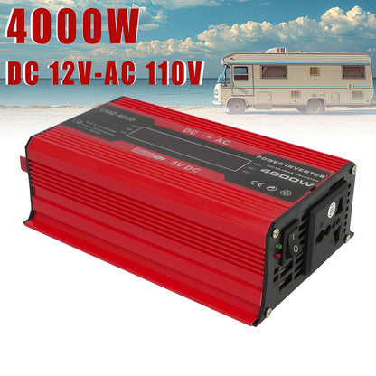 Onduleur de voiture 4000W CC 12V vers CA 110V avec écran LCD, ventilateur de refroidissement et protection contre les surcharges - Convertisseur portable de 800W nominal pour voyages en voiture, camping, activités en extérieur et kits d'urgence