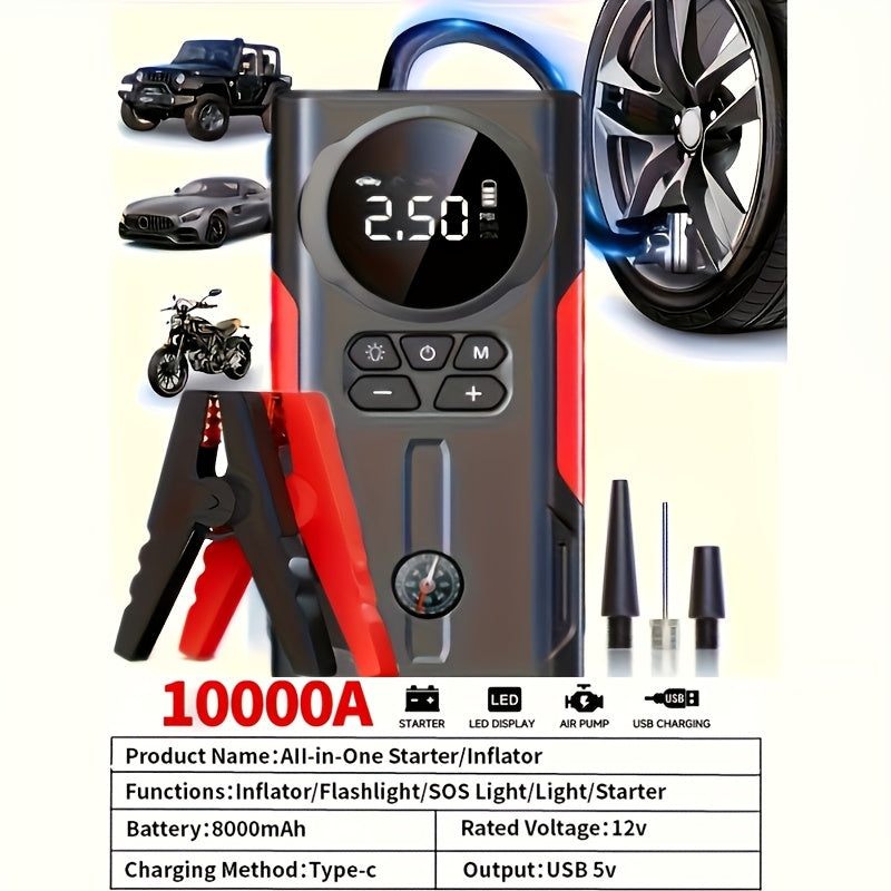 Kit de démarrage portable pour voiture, booster de batterie 12V multifonction avec lampe de poche LED, éclairage de secours SOS et pompe à air pour voitures, camions et accessoires d'alimentation d'urgence