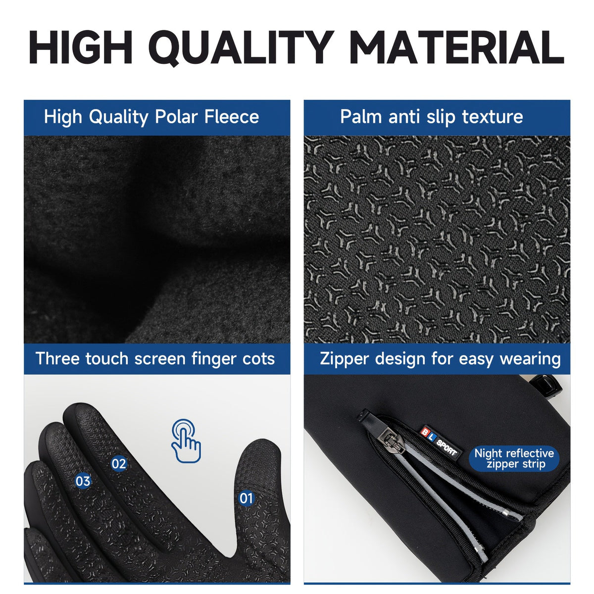 Gants de sport d'hiver coupe-vent et imperméables avec écran tactile et adhérence antidérapante – Gants chauds pour le cyclisme et le ski pour hommes et femmes, 100 % polyester, fermeture éclair, tailles M-XL