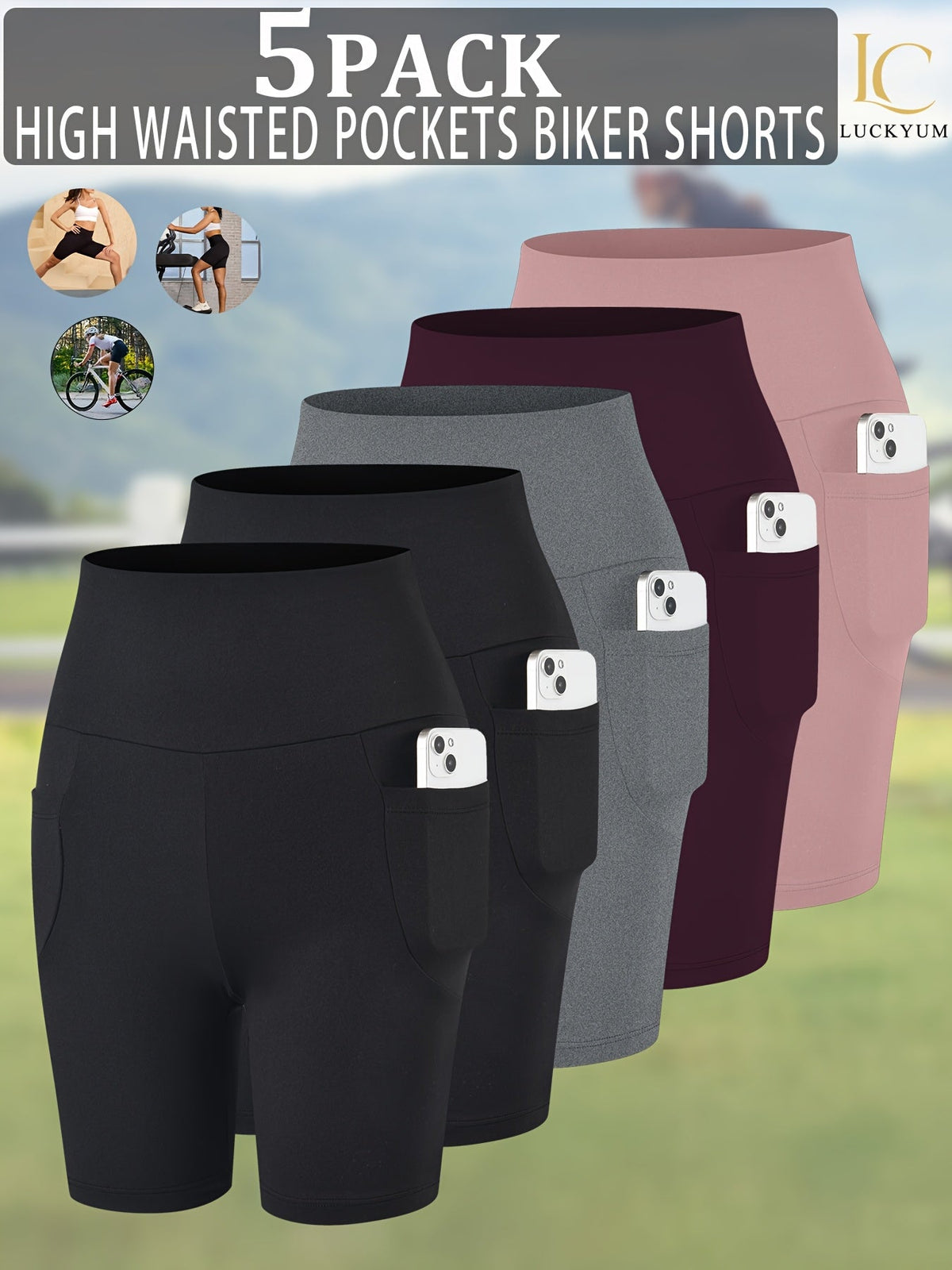 Lot de 5 shorts de cyclisme taille haute pour femme avec poches | Gainant et opaque | Short de sport pour yoga, course et entraînement, entrejambe de 15 cm | Stretch doux | XS-XXL | Couleurs assorties
