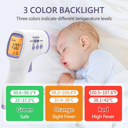 Thermomètre frontal sans contact pour adultes et enfants – Thermomètre infrarouge numérique avec alarme de fièvre, écran rétroéclairé 3 couleurs, 28 mémoires, résultats rapides et précis pour tous les âges