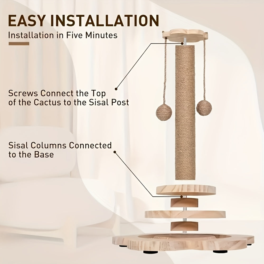 Arbre à chat 4-en-1 avec griffoir en sisal, jouet à plume, circuit à balles à deux niveaux et 6 balles en bois – Centre d'activité en bois massif anti-basculement pour chats d'intérieur, chatons et foyers multi-chats