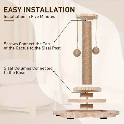 Arbre à chat 4-en-1 avec griffoir en sisal, jouet à plume, circuit à balles à deux niveaux et 6 balles en bois – Centre d'activité en bois massif anti-basculement pour chats d'intérieur, chatons et foyers multi-chats