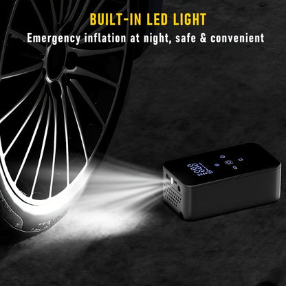Compresseur d'air portable rechargeable par USB-C – Pompe à air sans fil 150 PSI avec manomètre numérique, éclairage LED et 5 modes de gonflage pour voiture, moto, vélo, ballon – Outil de garage léger