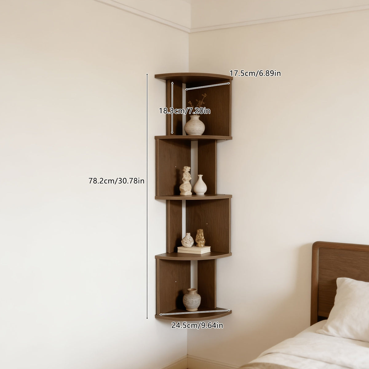 Étagère d'angle murale à 5 niveaux – Bibliothèque flottante et étagère de rangement pour salon, chambre et cuisine, séparateur d'angle gain de place, 5 styles disponibles