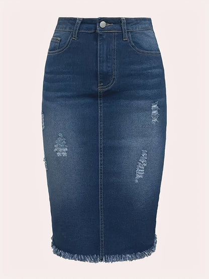 Jupe midi vintage taille haute en jean pour femme – Stretch, ourlet franc, aspect vieilli, lavable en machine, non transparente, bleu océan, tailles XS-XXL, jupe décontractée pour printemps, été et automne