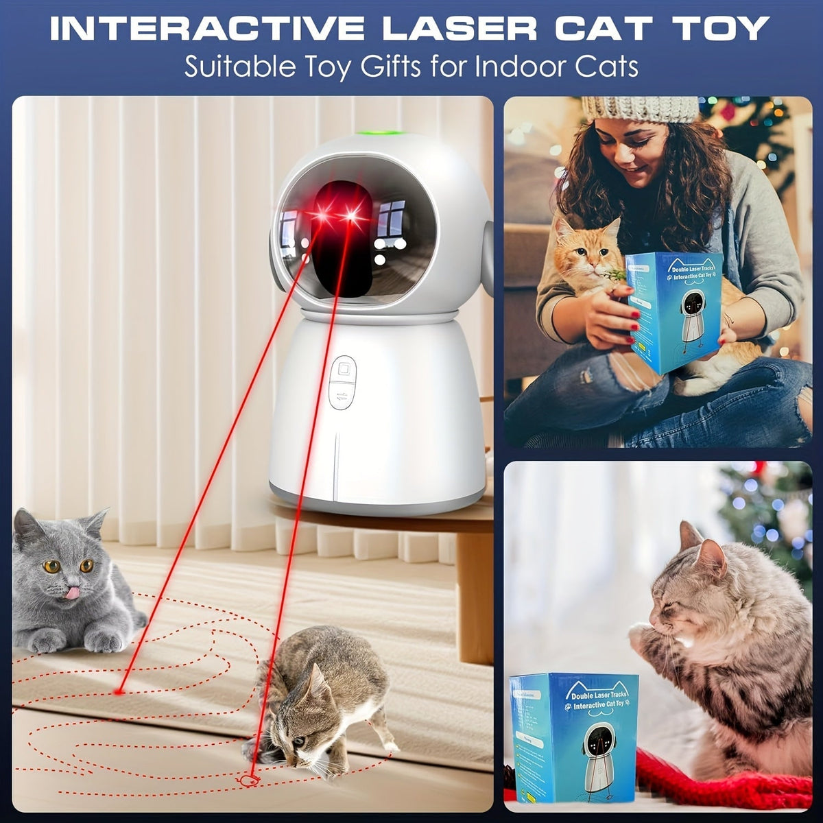 Jouet laser double rechargeable pour chat et chien – Jouet interactif à détection de mouvement automatique avec 3 modes de vitesse, capteur de 4 mètres, tête réglable pour chats, chatons et chiens d'intérieur