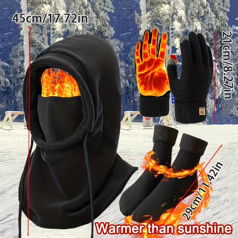 Ensemble thermique d'hiver 3/4 pièces, masque coupe-vent, gants tactiles, chaussettes en polaire épaisse, équipement grand froid pour snowboard, ski, randonnée, pêche sur glace – Lot d'accessoires d'extérieur chauds et légers