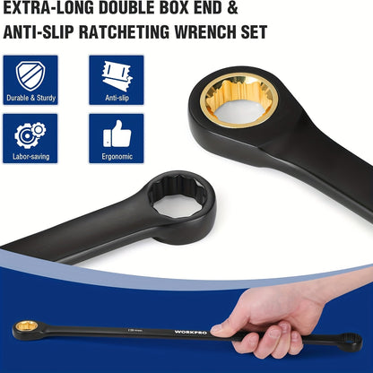 WORKPRO Jeu de 10 clés à cliquet extra-longues – Clés polygonales antidérapantes, métriques 8-19 mm, 72 dents, acier au chrome-vanadium, revêtement électrophorétique noir, pochette de rangement incluse, kit d'outils à main professionnel