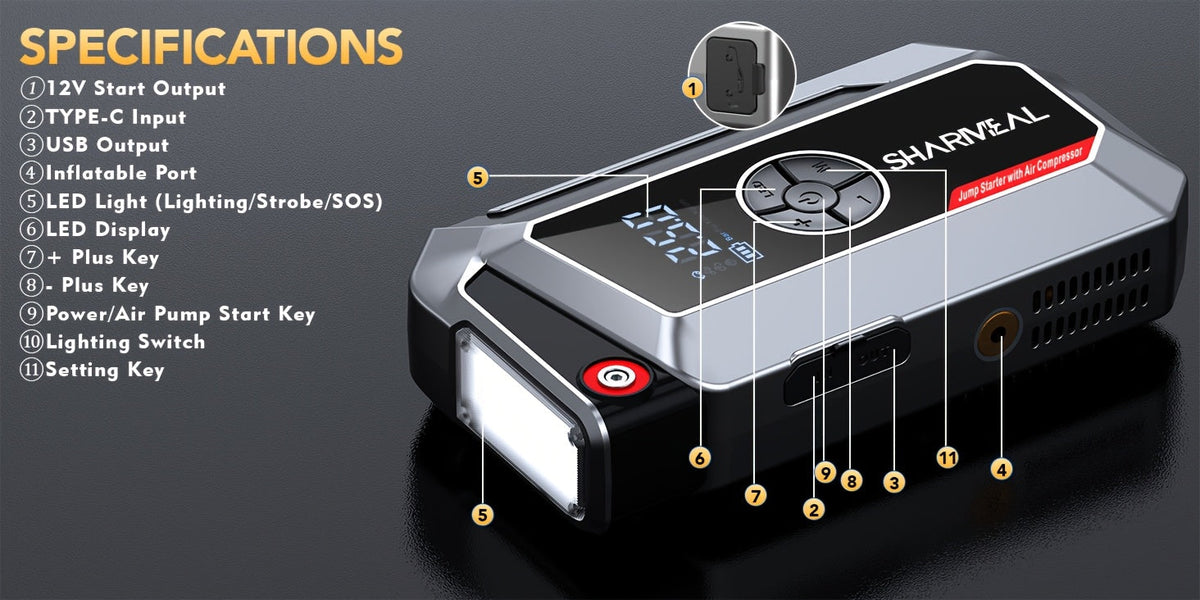 Démarreur de voiture 20000A avec compresseur d'air, batterie externe portable 18-en-1 – Pinces intelligentes, charge rapide, lampe LED, grand écran pour tous moteurs essence et diesel, booster de batterie de voiture d'urgence