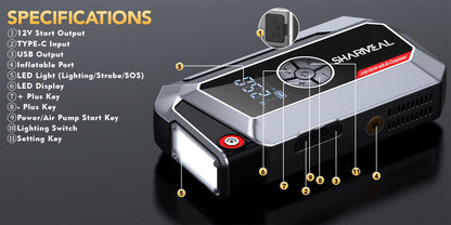 Démarreur de voiture 20000A avec compresseur d'air, batterie externe portable 18-en-1 – Pinces intelligentes, charge rapide, lampe LED, grand écran pour tous moteurs essence et diesel, booster de batterie de voiture d'urgence