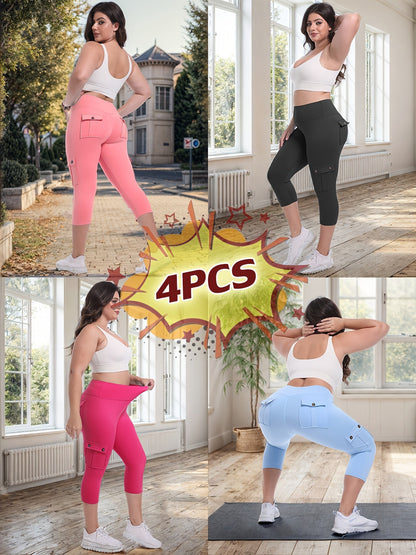 Lot de 4 pantalons de yoga Capri taille haute pour femmes, extensible dans les 4 sens, galbant, gainant, 4 poches - Leggings de sport pour la course, S-XXL, toutes saisons