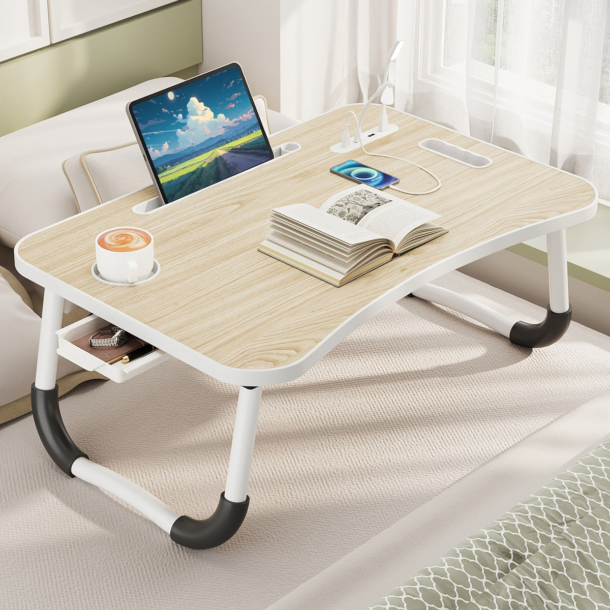 Plateau de lit pour ordinateur portable et repas – Grand plateau de petit-déjeuner avec porte-gobelet et tiroir pour canapé, sol, étude, lecture et écriture, table d'appoint portable