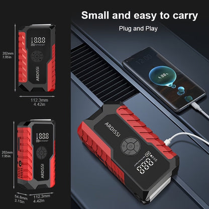Démarreur de batterie portable 5000A avec compresseur d'air 150 PSI – Booster de batterie tout-en-un 10000mAh, port Type-C, lampe LED pour voitures essence et diesel 12V, camions, SUV et motos