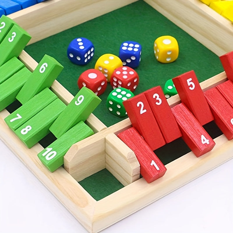 Jeu de mathématiques avec dés numérotés en bois – Plateau à quatre couleurs avec 8 dés colorés, jeu de société familial stimulant pour enfants et adultes