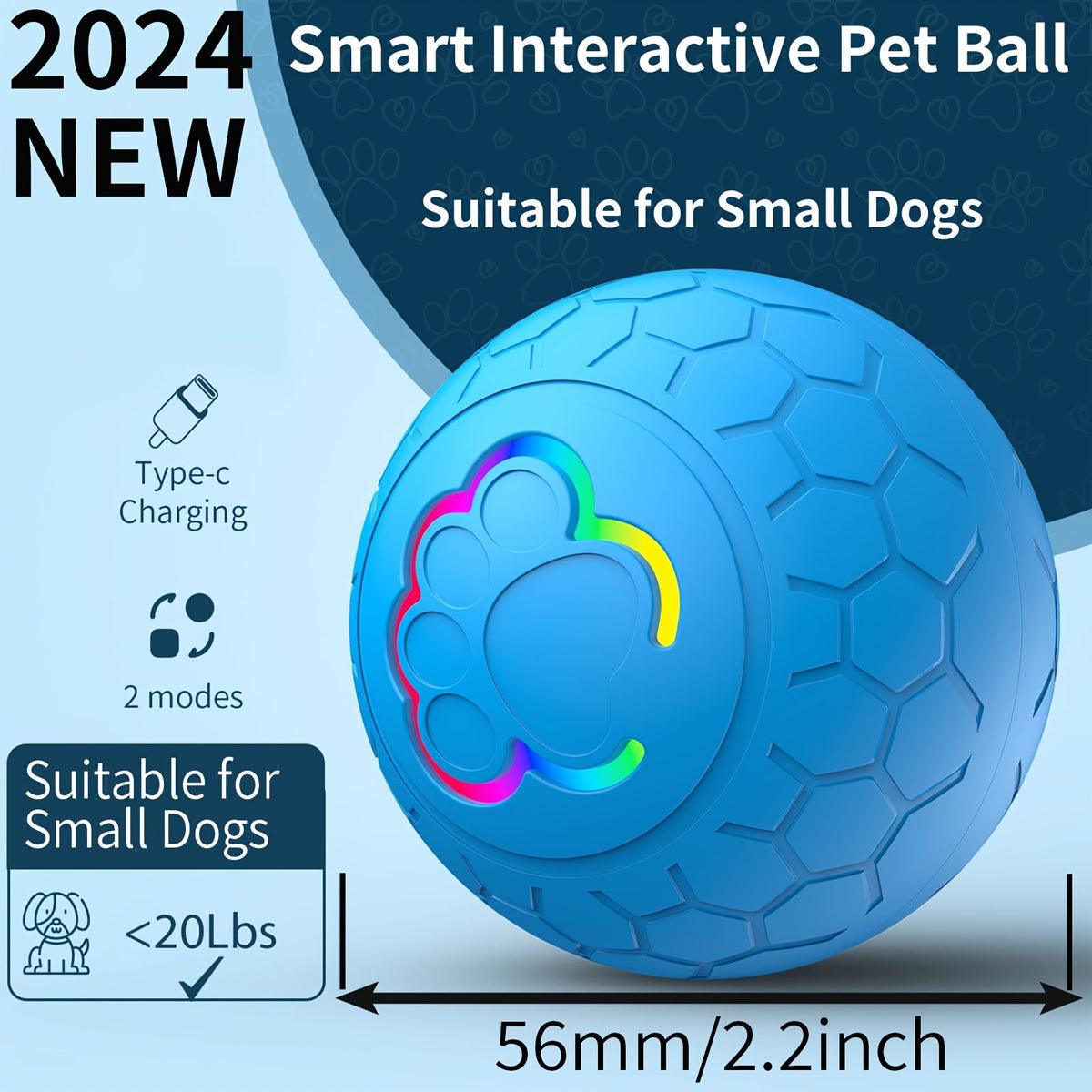 Balle intelligente rechargeable à rebond pour chien – Jouet interactif automatique à déplacement autonome avec mode intelligent pour chiens, jouet électrique rechargeable par USB pour jeux en intérieur et en extérieur