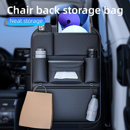 Organisateur de dossier de siège auto en cuir PU, grand sac de rangement multi-poches pour bouteilles d'eau, tablettes et ordinateurs portables – Organisateur d'intérieur de voiture élégant, noir classique, pour voitures, SUV et camions