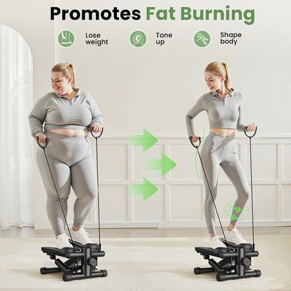 Mini stepper avec bandes de résistance – Stepper d'appartement portable pour entraînement à domicile, capacité de 135 kg, appareil de cardio complet pour jambes et bras