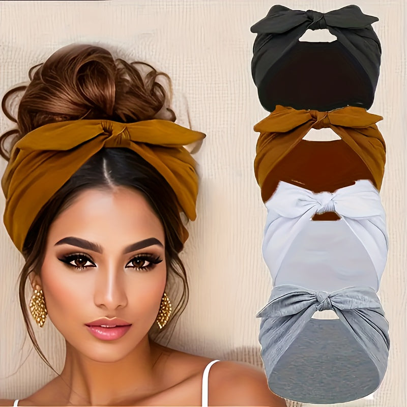 Lot de 4 bandeaux larges à oreilles de lapin pour femmes – Accessoire cheveux élastique antidérapant en satin pour le sport, le yoga et la salle de sport, ensemble turban doux et épais, idée cadeau