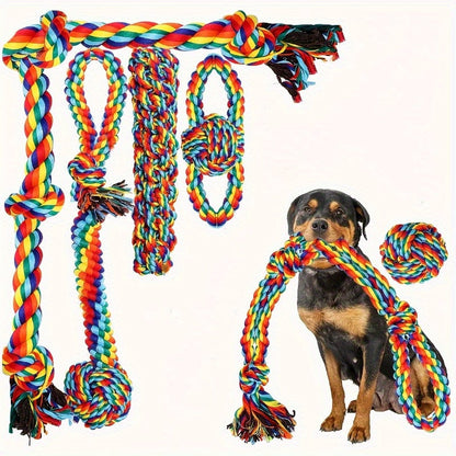 Lot de 6 jouets à mâcher indestructibles pour chien - Jouets de traction robustes pour chiens de taille moyenne, grande et géante, ensemble de jouets de dentition pour mâcheurs agressifs, laisse arc-en-ciel incluse