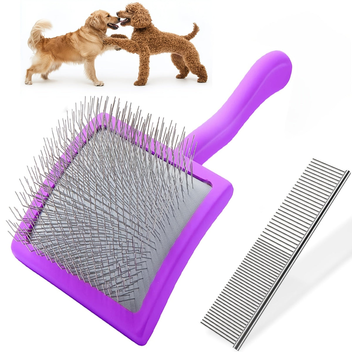 Lot de 2 brosses de toilettage pour chien en acier inoxydable - Brosse professionnelle pour animaux à poils longs (Golden Retriever, Caniche, Labrador) - Peigne démêlant pour nœuds, enchevêtrements et boules de poils