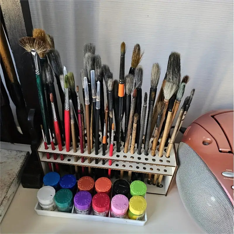 Support de pinceaux en bois à 67 trous - Organisateur de bureau pour artistes, boîte de rangement pour fournitures d'art, support de pinceaux léger et durable pour la peinture, le dessin et les loisirs créatifs
