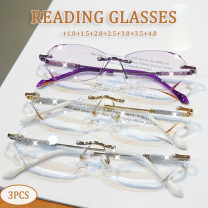 Lot de 3 lunettes de lecture sans monture pour femmes avec bords incrustés de diamants, verres anti-reflets, monture légère en PC, dioptries de +1,0 à +4,0, pour téléphones, ordinateurs, livres, cadeau de Noël