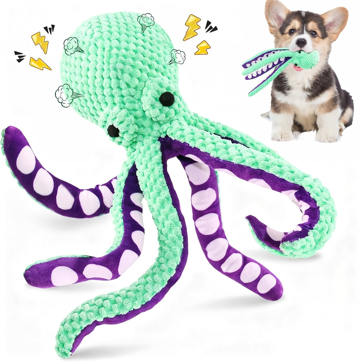Jouet pour chien pieuvre en peluche avec pouic, jouet à mâcher interactif et durable pour chiens de taille moyenne, jouet en peluche sarcelle et violet avec pouic pour rapporter, dresser et soulager l'ennui