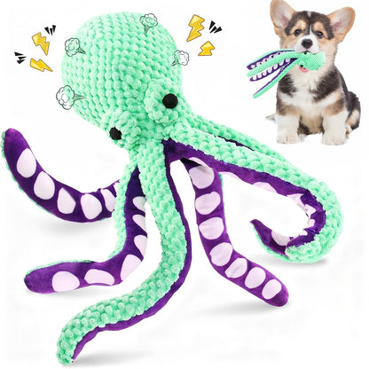 Jouet pour chien pieuvre en peluche avec pouic, jouet à mâcher interactif et durable pour chiens de taille moyenne, jouet en peluche sarcelle et violet avec pouic pour rapporter, dresser et soulager l'ennui