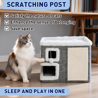 Maison pour chat 3-en-1 d'intérieur – Ottoman luxueux en bois pour dormir, jouer et faire ses griffes, cube refuge pour chats, adapté aux foyers multi-chats, gris clair, taille standard et grande