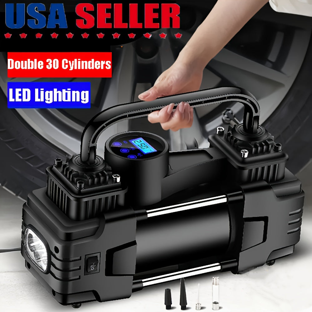 Compresseur d'air portable 12V 150 PSI – Pompe à air automatique à double cylindre avec manomètre numérique LED, arrêt automatique et lampe LED pour voiture, SUV, camion, vélo, ballon de basket et structures gonflables