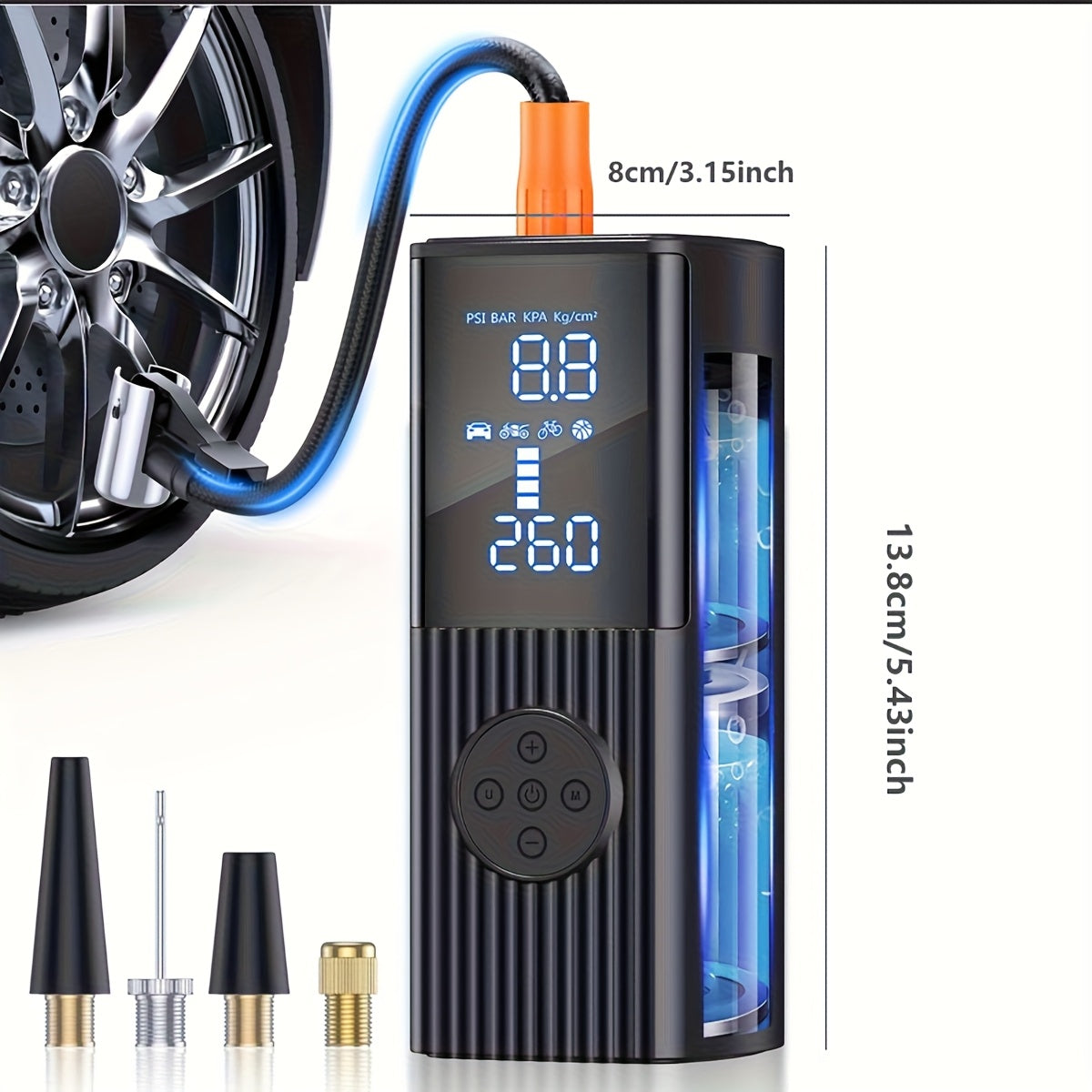 Gonfleur de pneu portable 210 PSI sans fil avec manomètre numérique, batterie rechargeable et lampe LED – Pompe à air sans fil pour voiture, moto, vélo et ballons de sport – Velora