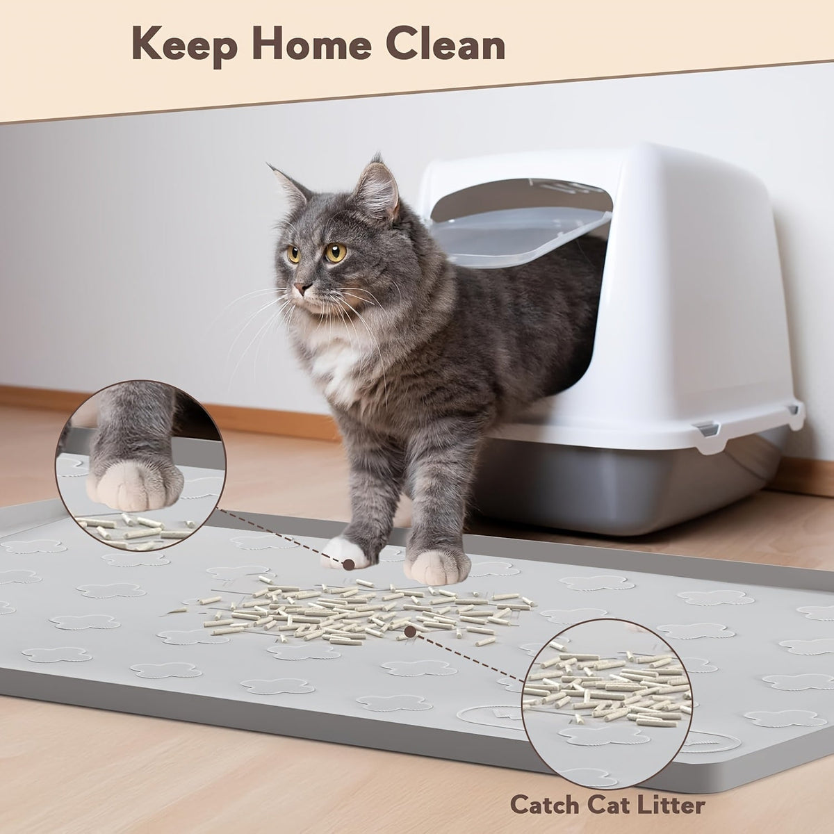 Tapis de litière pour chat en silicone XXL 3-en-1 – Protection de sol lavable et antidérapante avec bords surélevés, retient la litière, les croquettes et les miettes, tapis d'alimentation pliable pour chats, 86 x 56 cm, gris clair et gris foncé