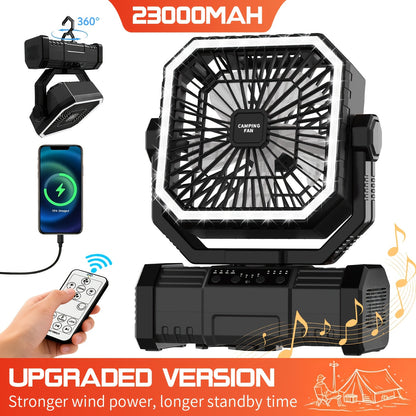Ventilateur de camping portable 20 000 mAh avec télécommande, lumières LED, 4 vitesses et rotation à 360° – Ventilateur oscillant rechargeable sur batterie pour camping en plein air, camping-car et voyage
