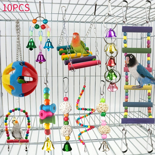 Ensemble de jouets pour perroquets - Balançoire, perchoir et jouets à mâcher pour perroquets, perruches, calopsittes, perruches ondulées et inséparables - Accessoires d'enrichissement pour cage à oiseaux, couleurs assorties