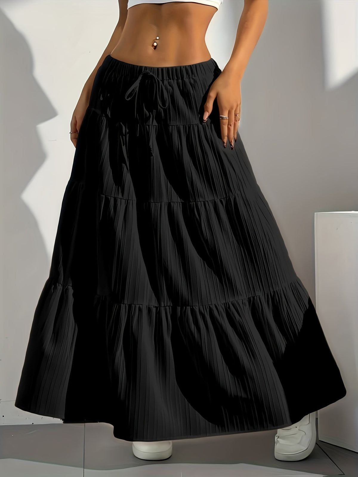 Jupe midi évasée à nouer au dos, couleur unie pour femme – Jupe trapèze ample et élégante, mode occidentale, style chic décontracté pour printemps, été et automne